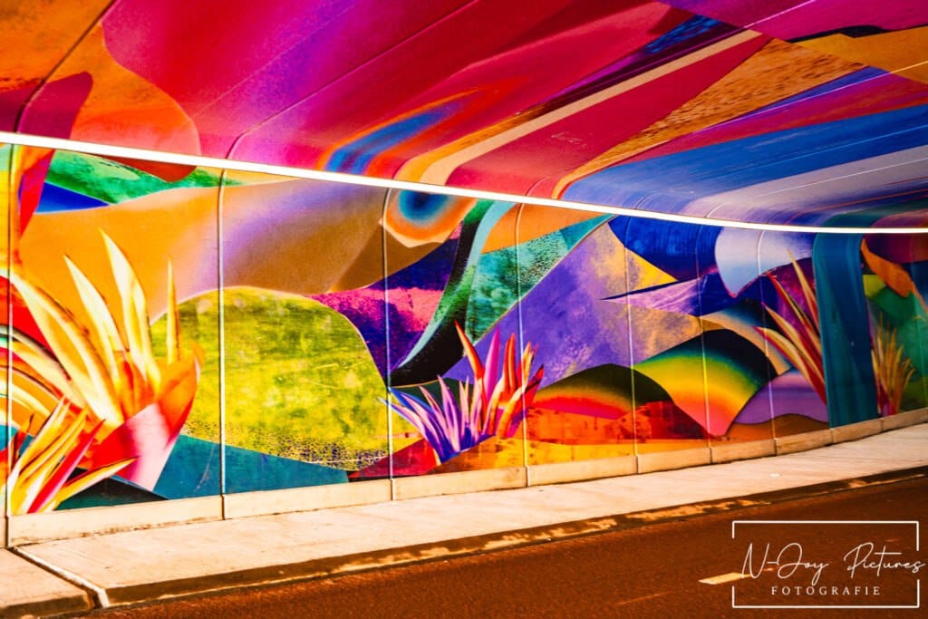 Urban street art in de Papiermolentunnel Groningen met indrukwekkende kleuren en creatieve stadsbeleving.