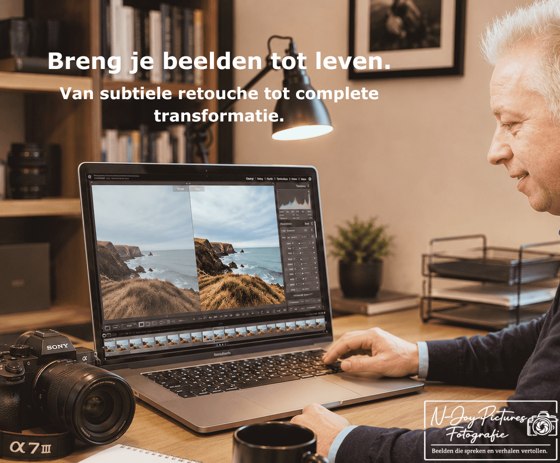 Beeldbewerken N-Joy Pictures 1 Fotograaf Raijmond is gefocust met Beeldbewerken N-joy Pictures op een Laptop.